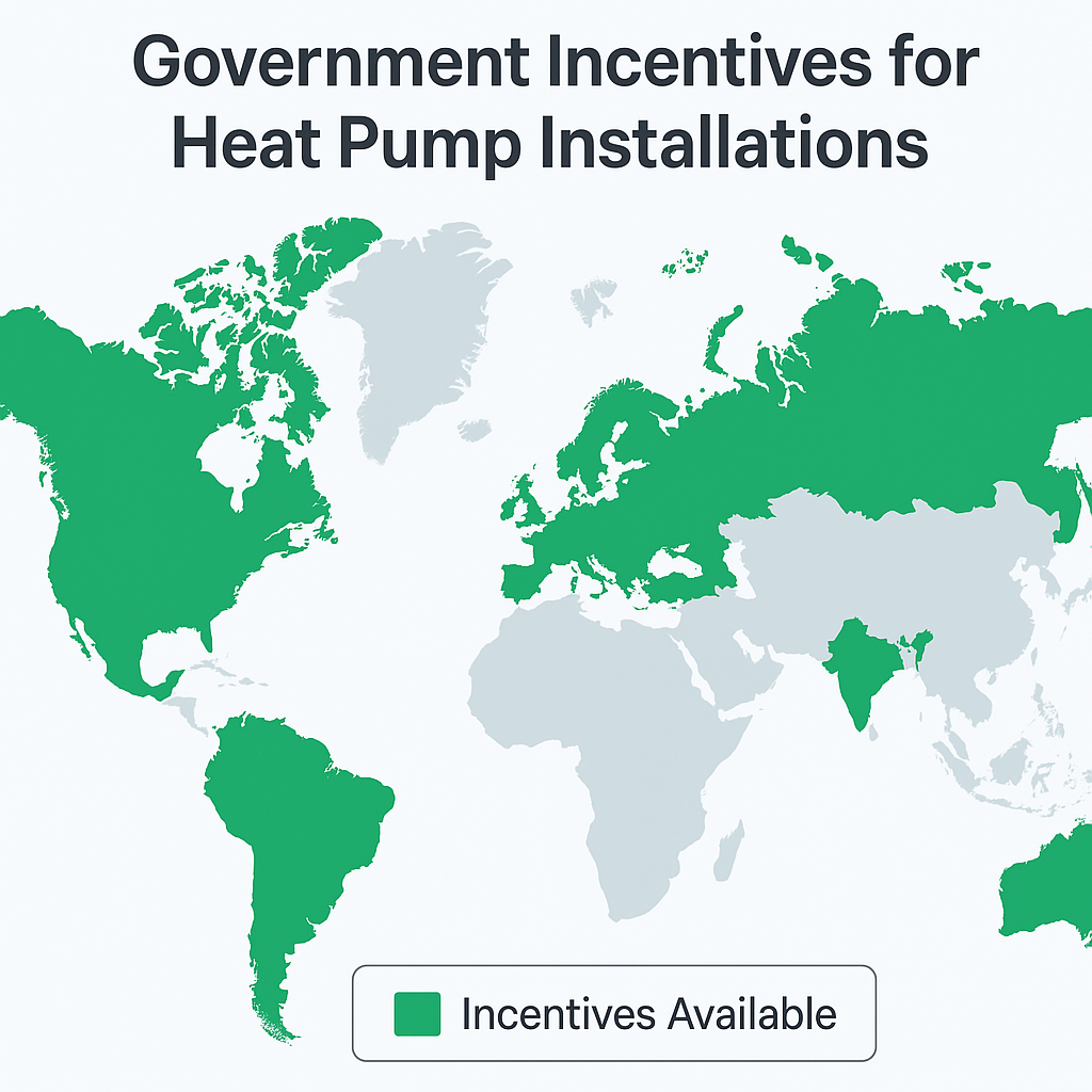 Map showing regional incentives for heat pump installations in Europe and North America